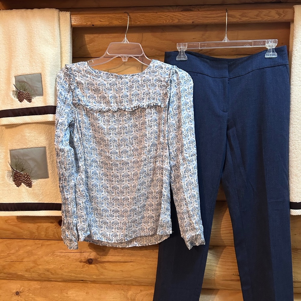 Blue Patterned Blouse and Navy Pants Set